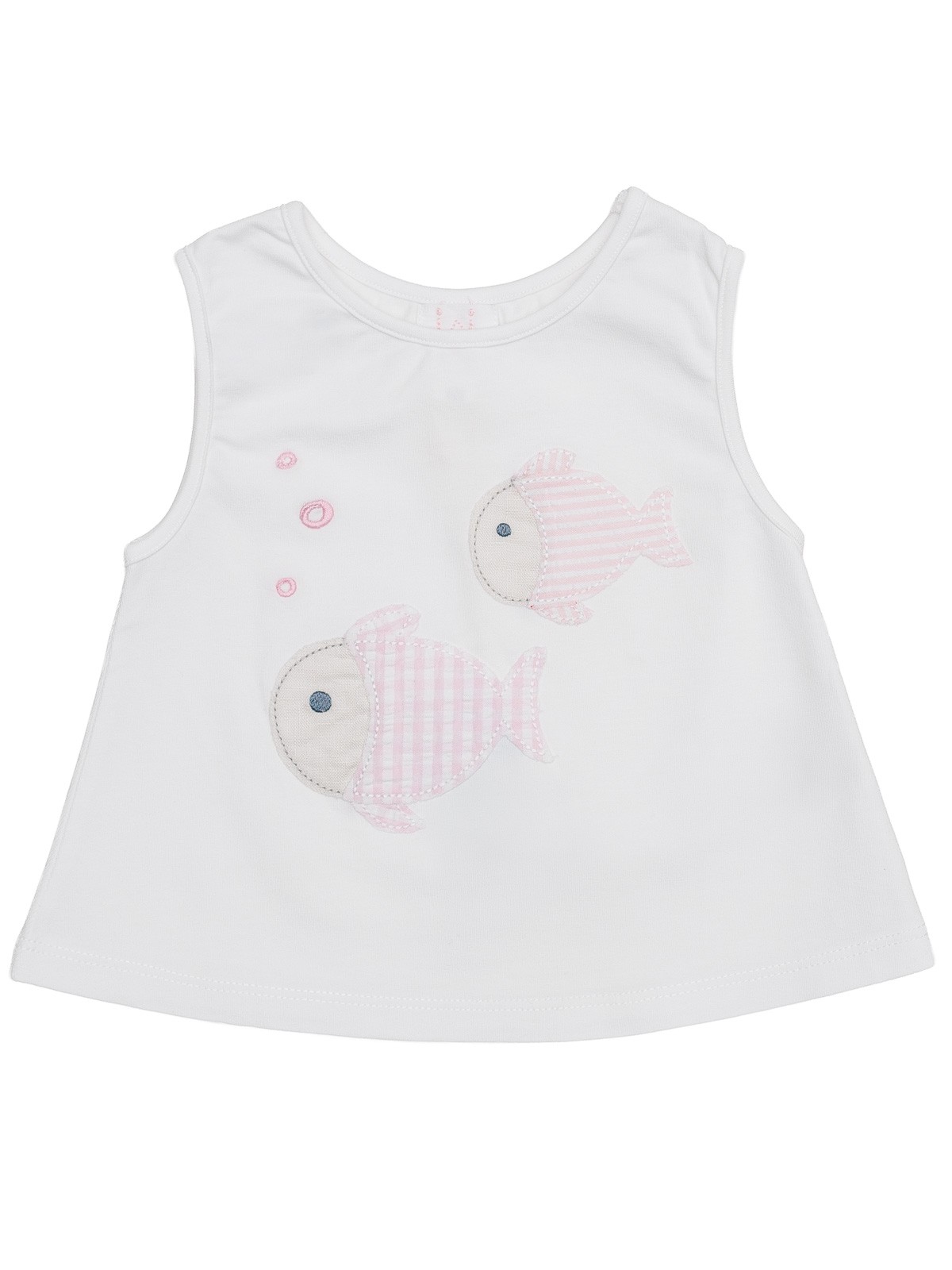 jersey sleeveless T-shirt with seersucker checks and stripes small fish patch
