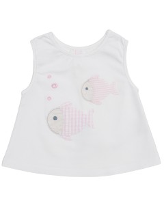 T-shirt smanicata in jersey patch pesci a quadretti e righe goffrate 