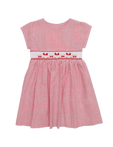 seersucker stripes fabric dress with smock and SHORT SLEEVE