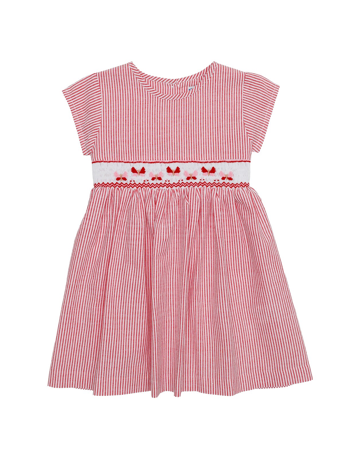 seersucker stripes fabric dress with smock and SHORT SLEEVE