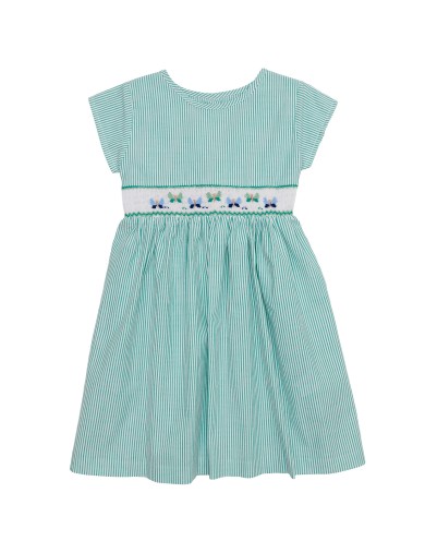 seersucker stripes fabric dress with smock and SHORT SLEEVE