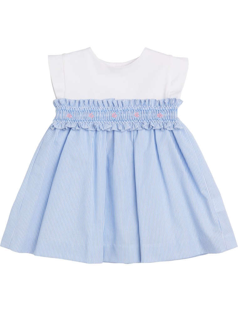 vestito smanicato in microrighe e jersey con smock