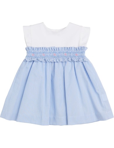 vestito smanicato in microrighe e jersey con smock