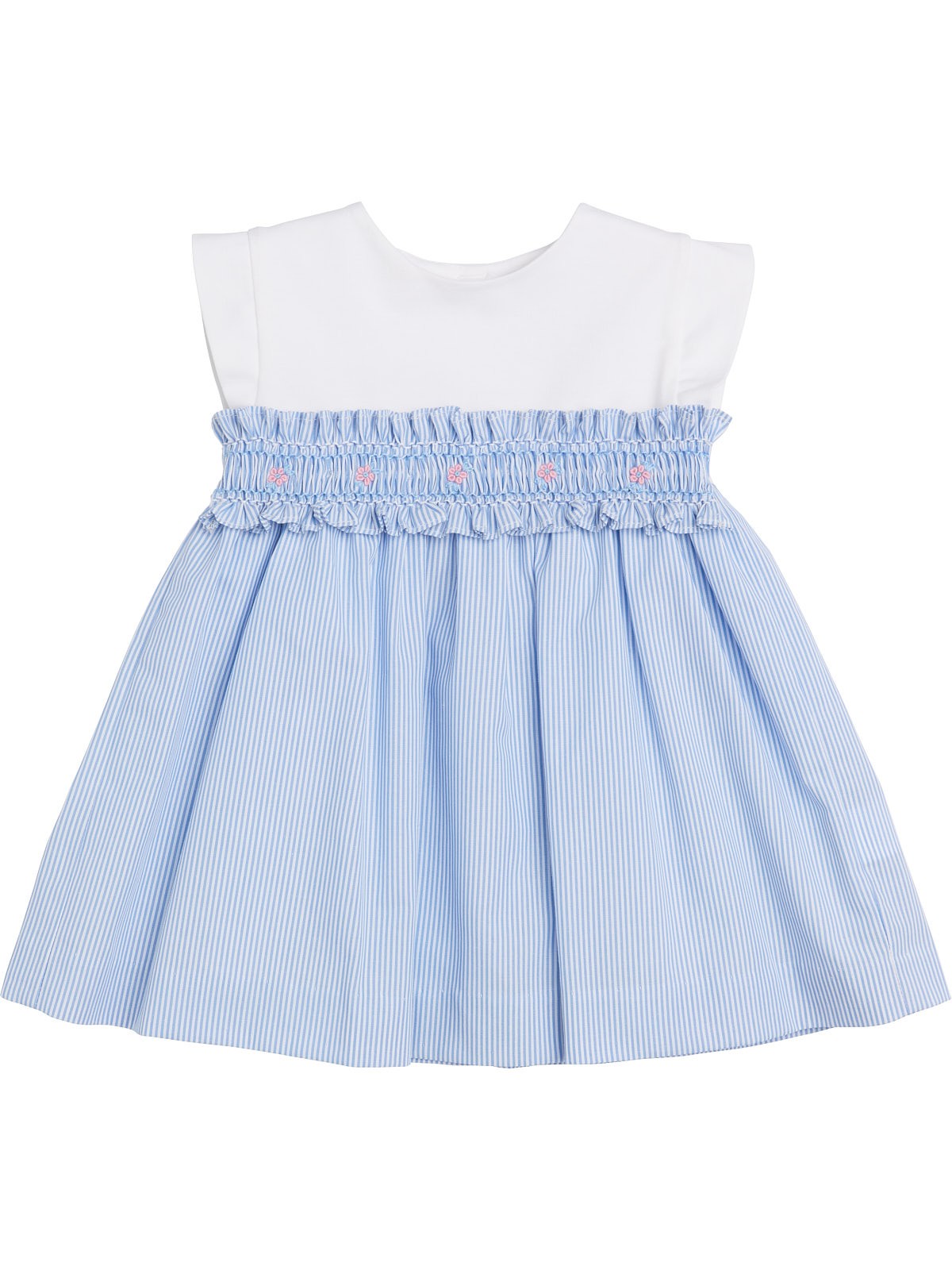 vestito smanicato in microrighe e jersey con smock