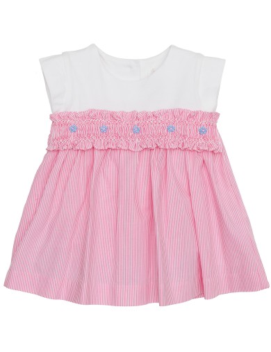 vestito smanicato in microrighe e jersey con smock