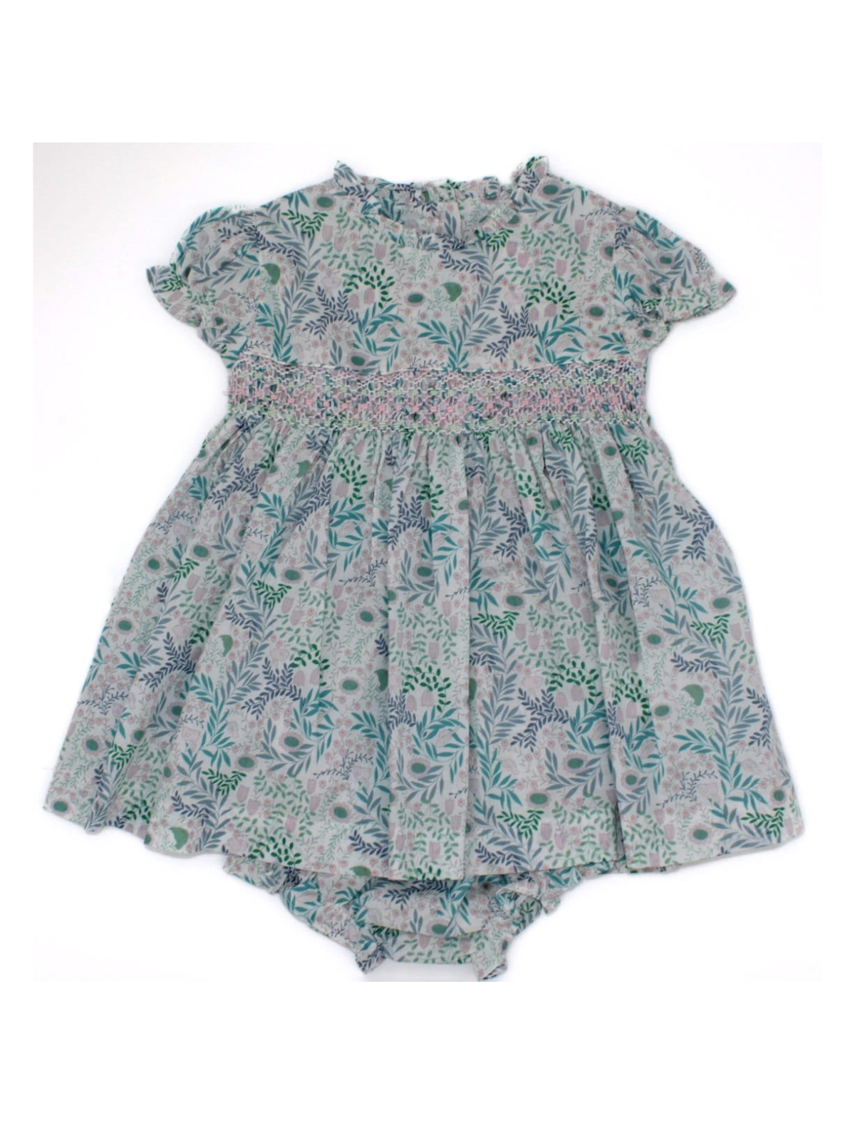 flower fabrics printed dress with smock and SHORT SLEEVES