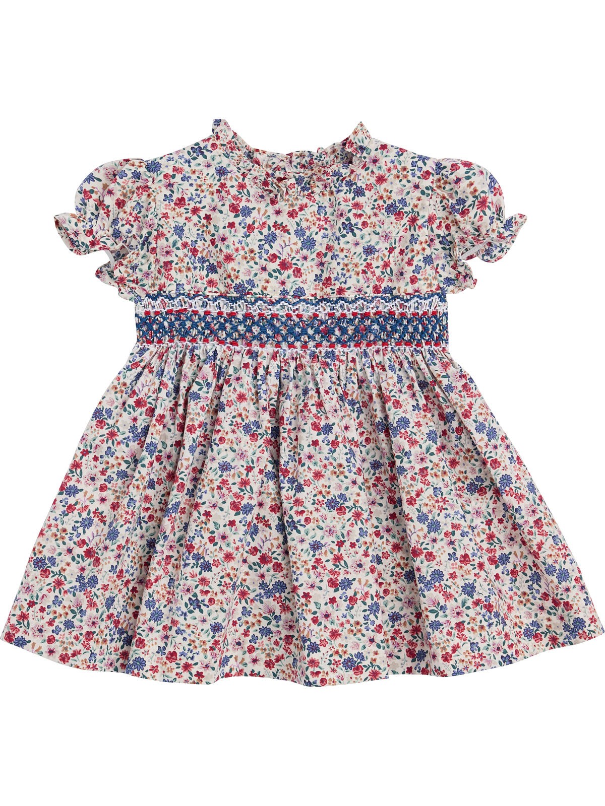 flower fabrics printed dress with smock and SHORT SLEEVES