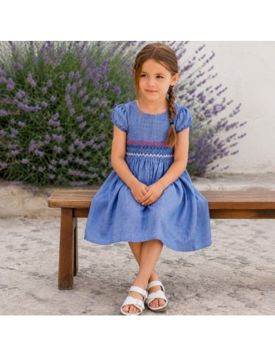 vestito in cotone fiammato con smock a MANICA CORTA
