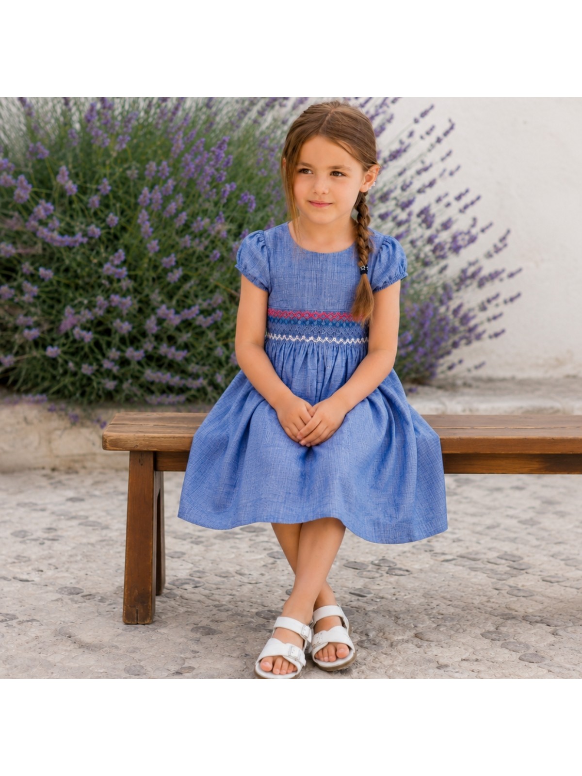 vestito in cotone fiammato con smock a MANICA CORTA