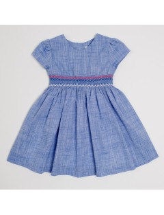slub cotton dress with smock and SHORT SLEEVES