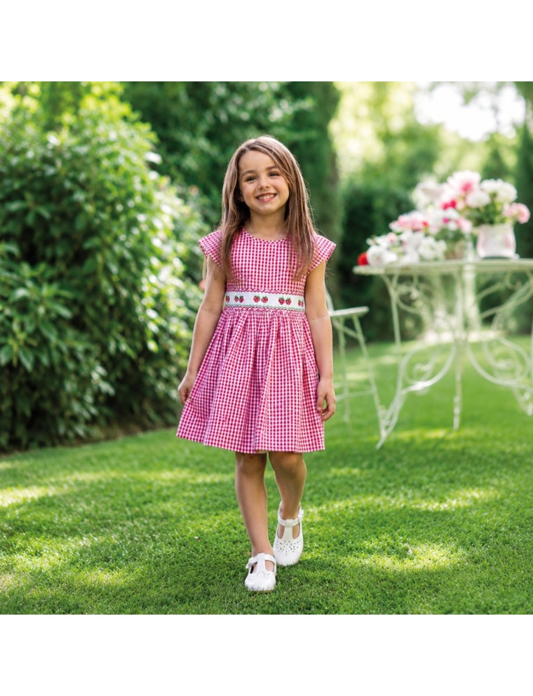 seersucker checks dress with strawberries and smock on tone with short sleeves 