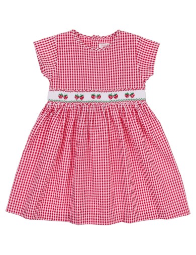 vestito a quadretti goffrati con fragole e smock in tono a manica corta