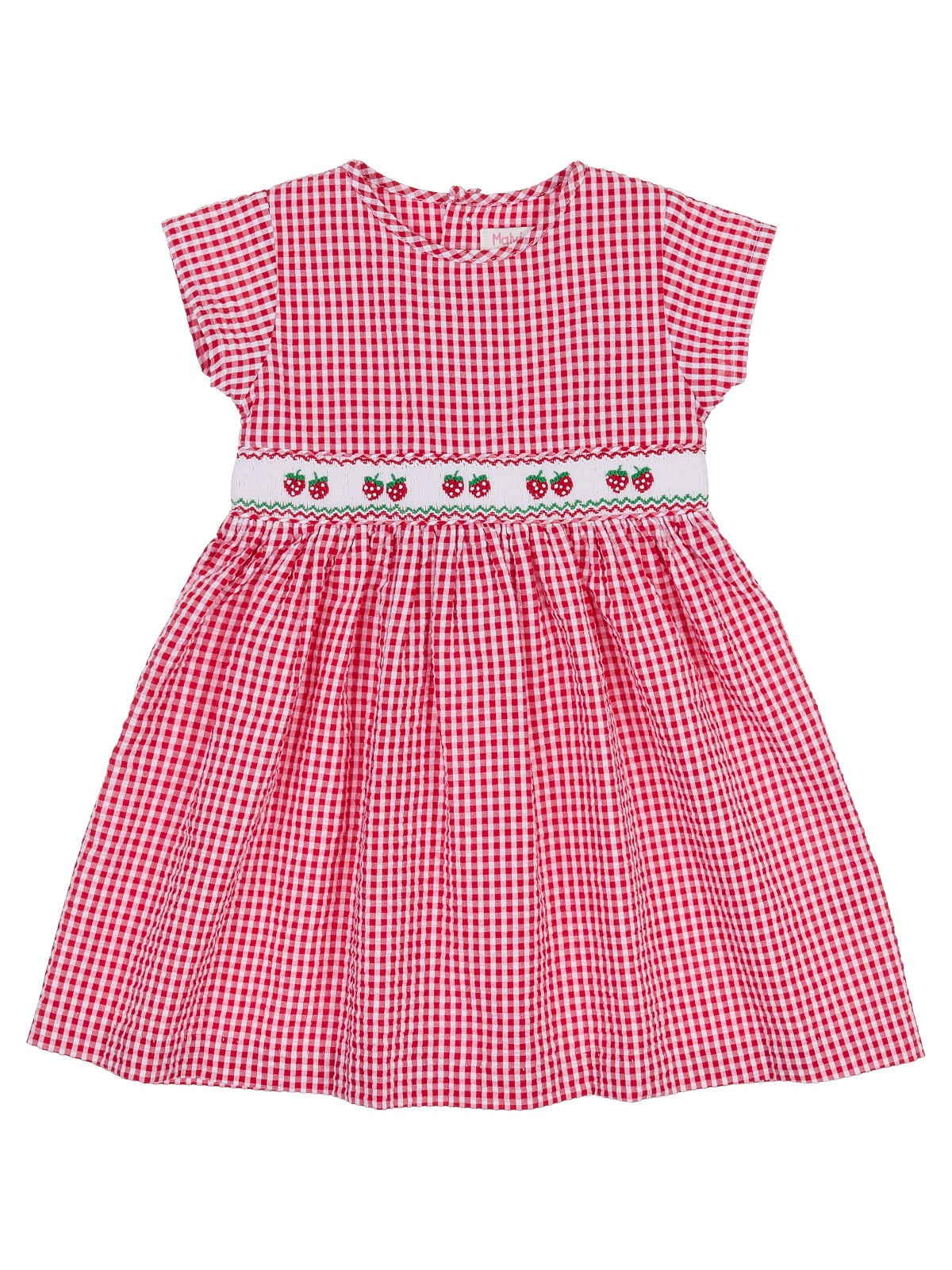 vestito a quadretti goffrati con fragole e smock in tono a manica corta