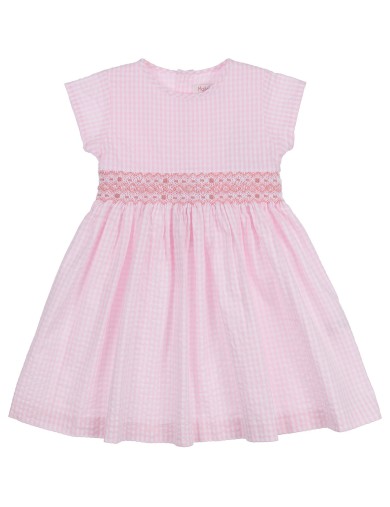 seersucker checks dress with smock on tone with short sleeves
