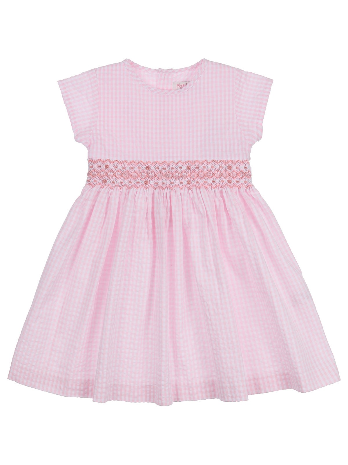 seersucker checks dress with smock on tone with short sleeves