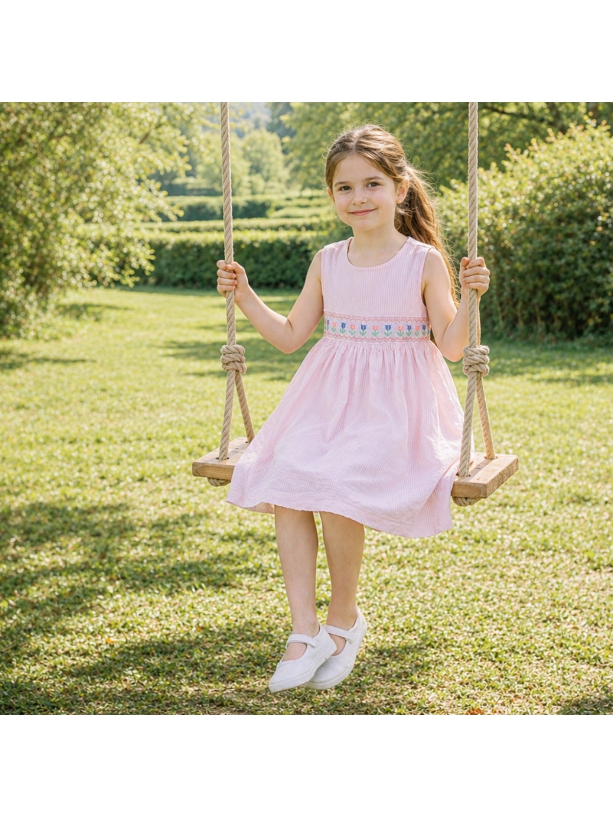 vestito a righe goffrate con tulipani su smock 