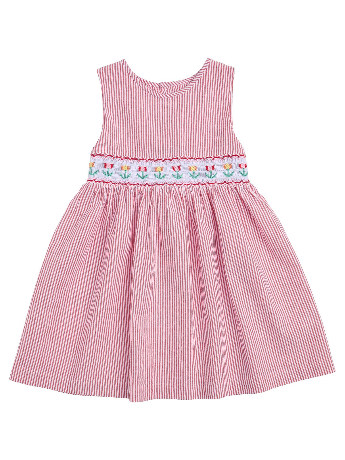 seersucker stripes dress with tulips on smock