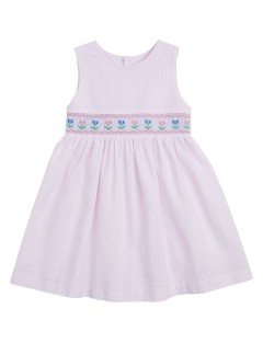 seersucker stripes dress with tulips on smock