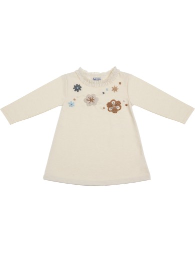 milano knit fabric dress with wool embroidered flowers with LONG SLEEVES