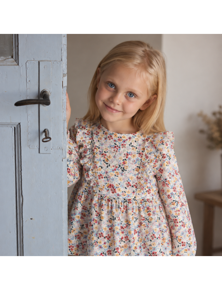 camicia in twill stampato a fiori grandi con ruche