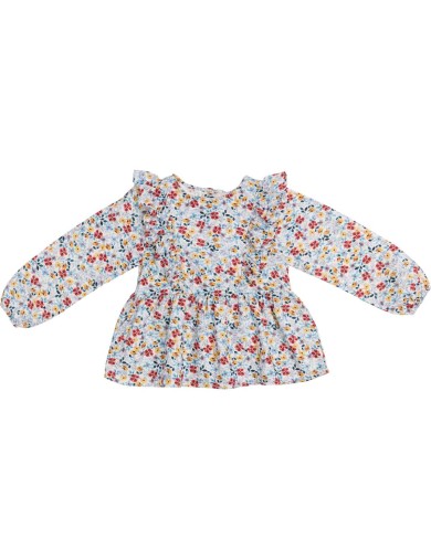 big flowers printed twill shirt with ruche