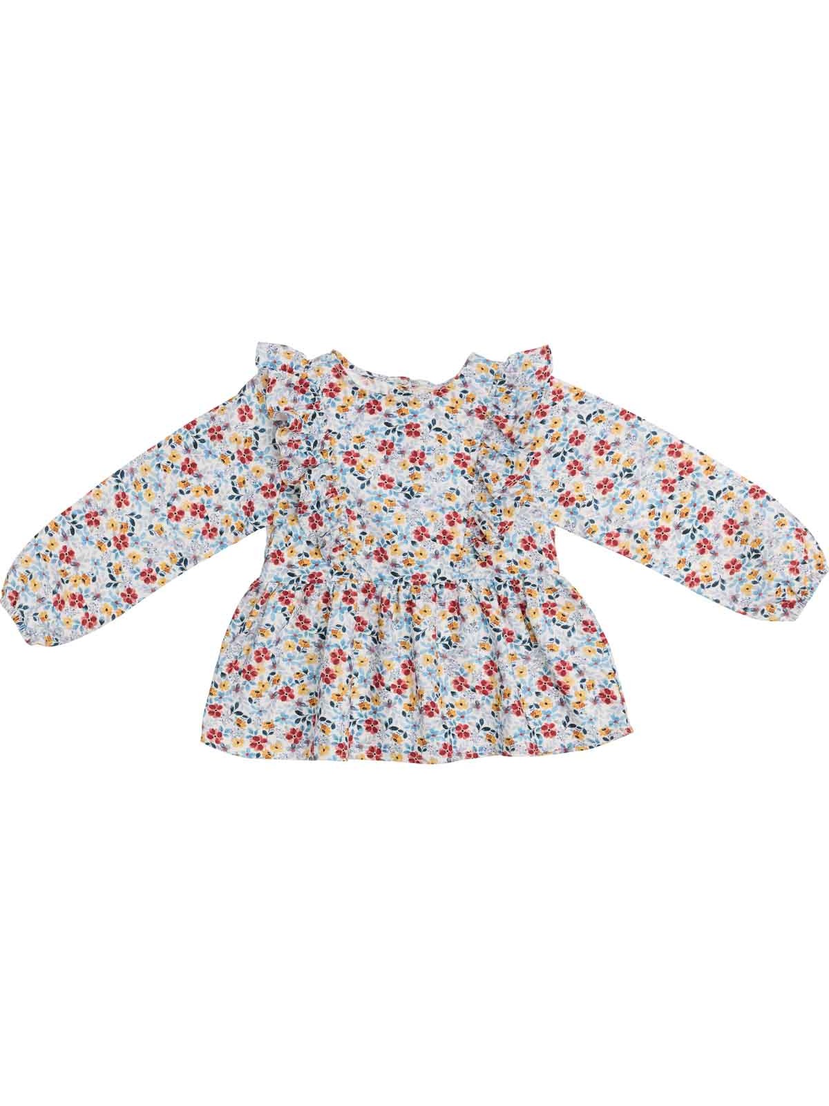 camicia in twill stampato a fiori grandi con ruche