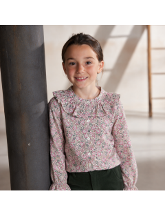 camicia in twill stampato moda con ruche