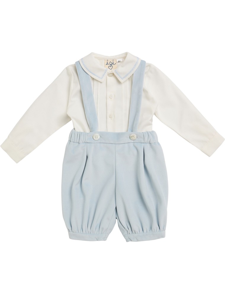 boy set: twill shirt with embroidery + velvet knickerbocker with straps