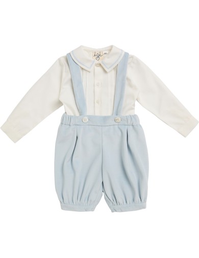 boy set: twill shirt with embroidery + velvet knickerbocker with straps