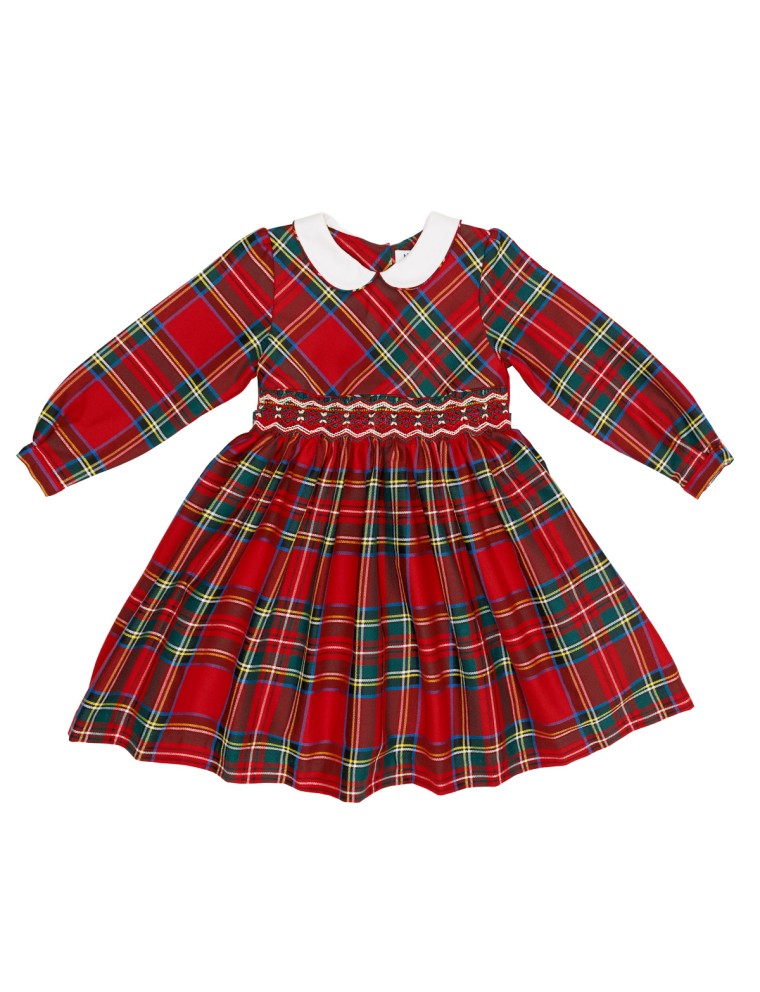 vestito in tartan con smock a manica lunga