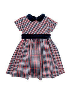vestito in flanella a quadri con cintura e collo in velluto