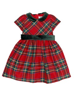 vestito in tartan con cintura e collo in velluto 