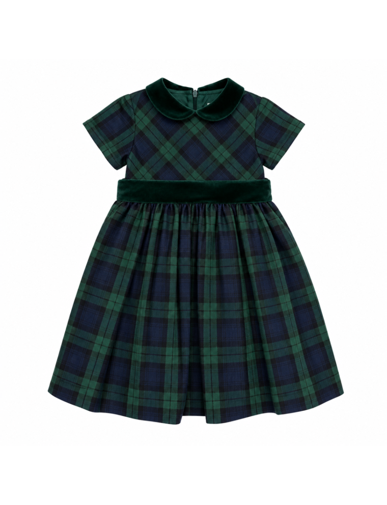 vestito in tartan con cintura e collo in velluto