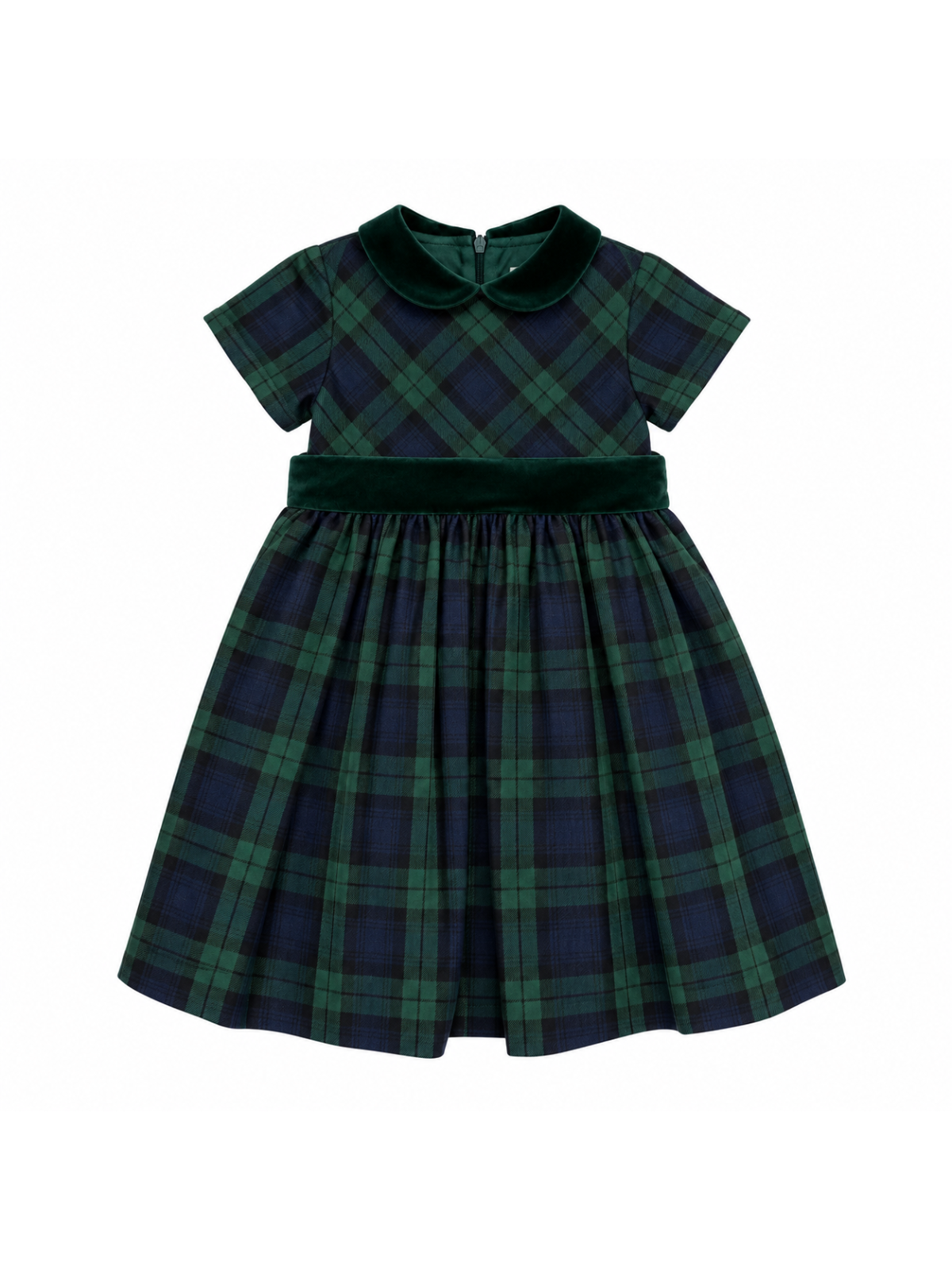 vestito in tartan con cintura e collo in velluto