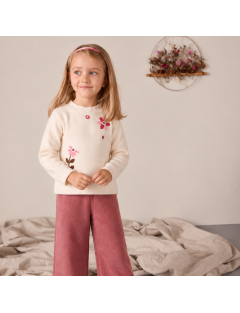 felpa in maglia tagliata con fiori ricamati in lana e pompon