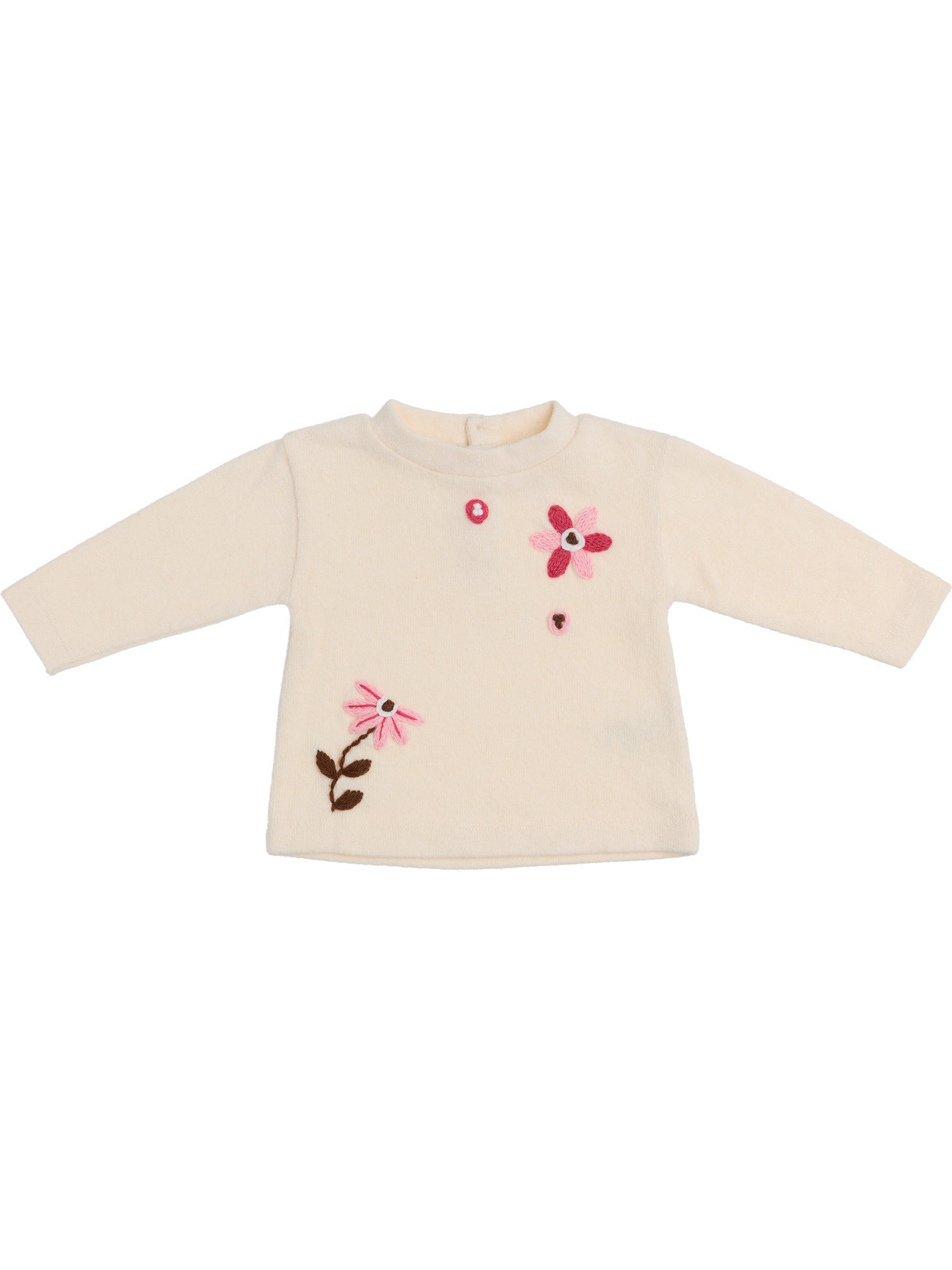 knitted fabric sweater with wool embroidered flowers and pompons