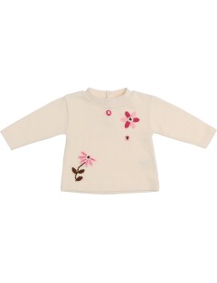 knitted fabric sweater with wool embroidered flowers and pompons