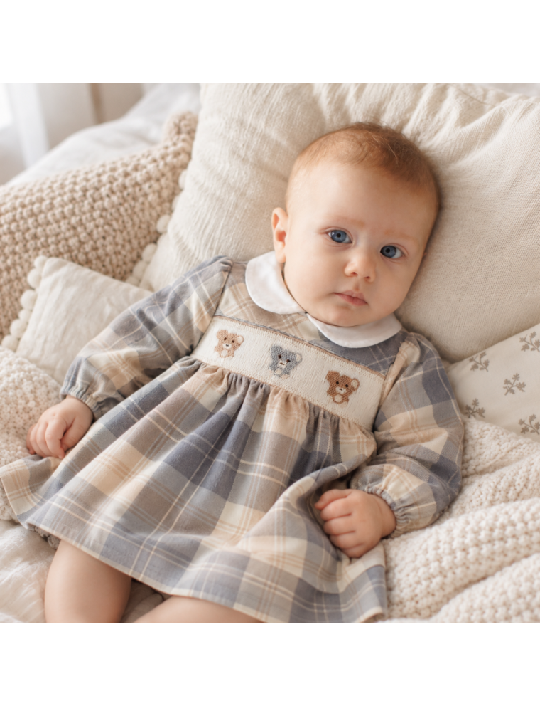 fashion tartan dress with smocked little bears embroidery and LONG SLEEVES
