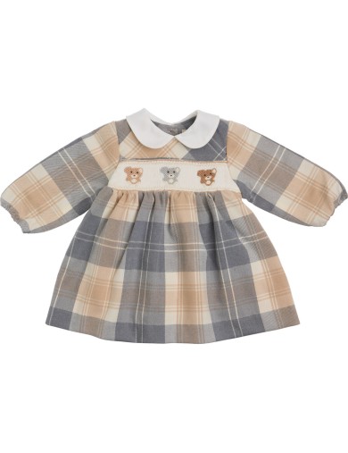 vestito in tartan moda con ricamo smock orsetti e MANICA LUNGA