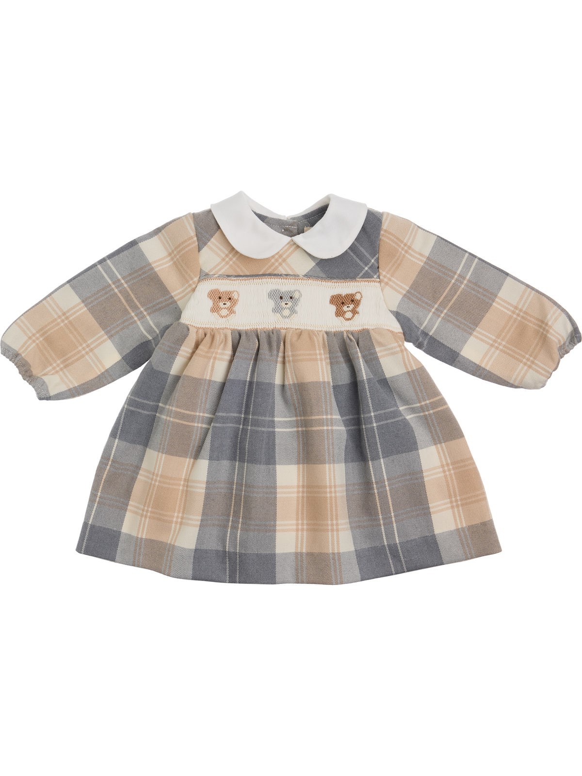 vestito in tartan moda con ricamo smock orsetti e MANICA LUNGA