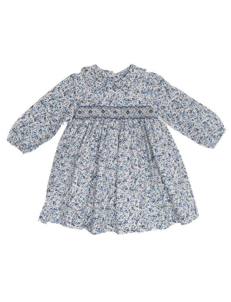 printed twill dress with smock and LONG SLEEVES - Malvi&Co, Isi Baby line