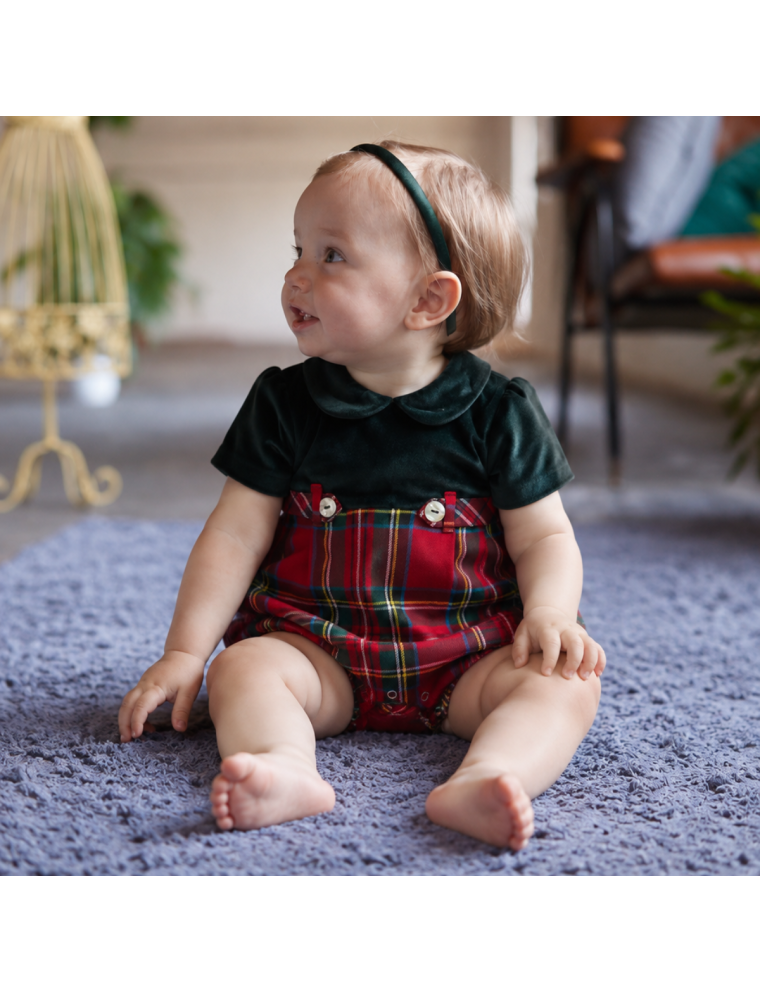 tartan and velvet romper with bottons detail