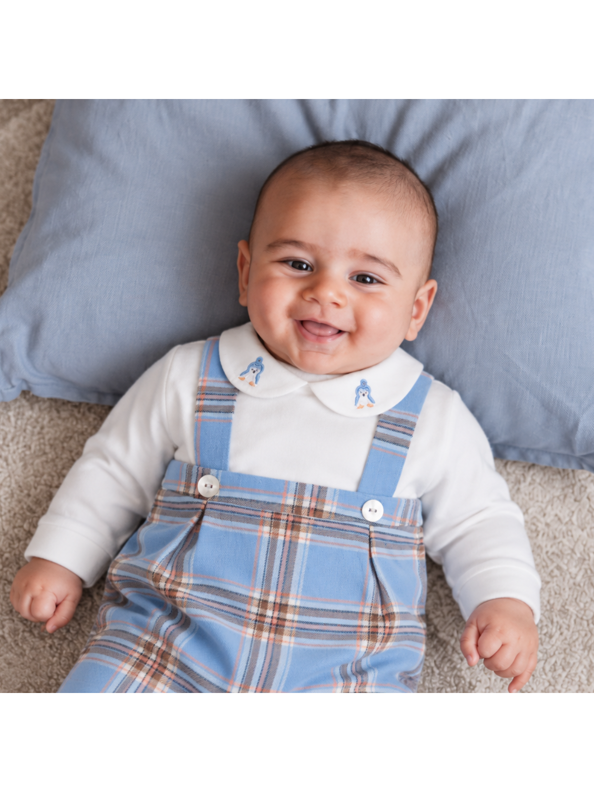 fashion tartan and interlock romper with penguin embroidery on collar