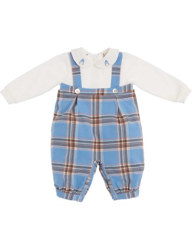 fashion tartan and interlock romper with penguin embroidery on collar