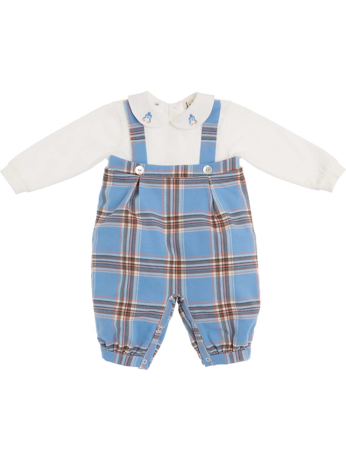 tutina in tartan moda e interlock con ricamo pinguini colletto