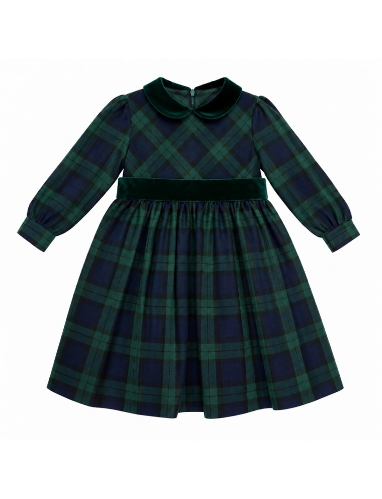 vestito in tartan con cintura e collo in velluto a manica lunga