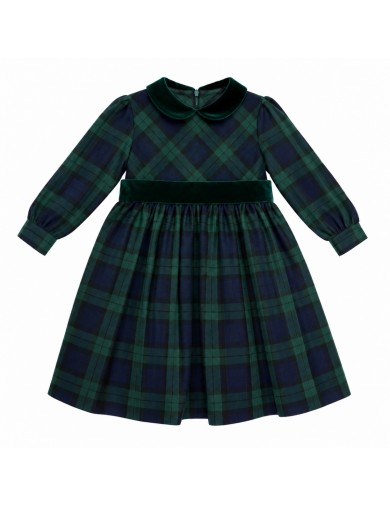 tartan dress with velvet belt and collar and long sleeves