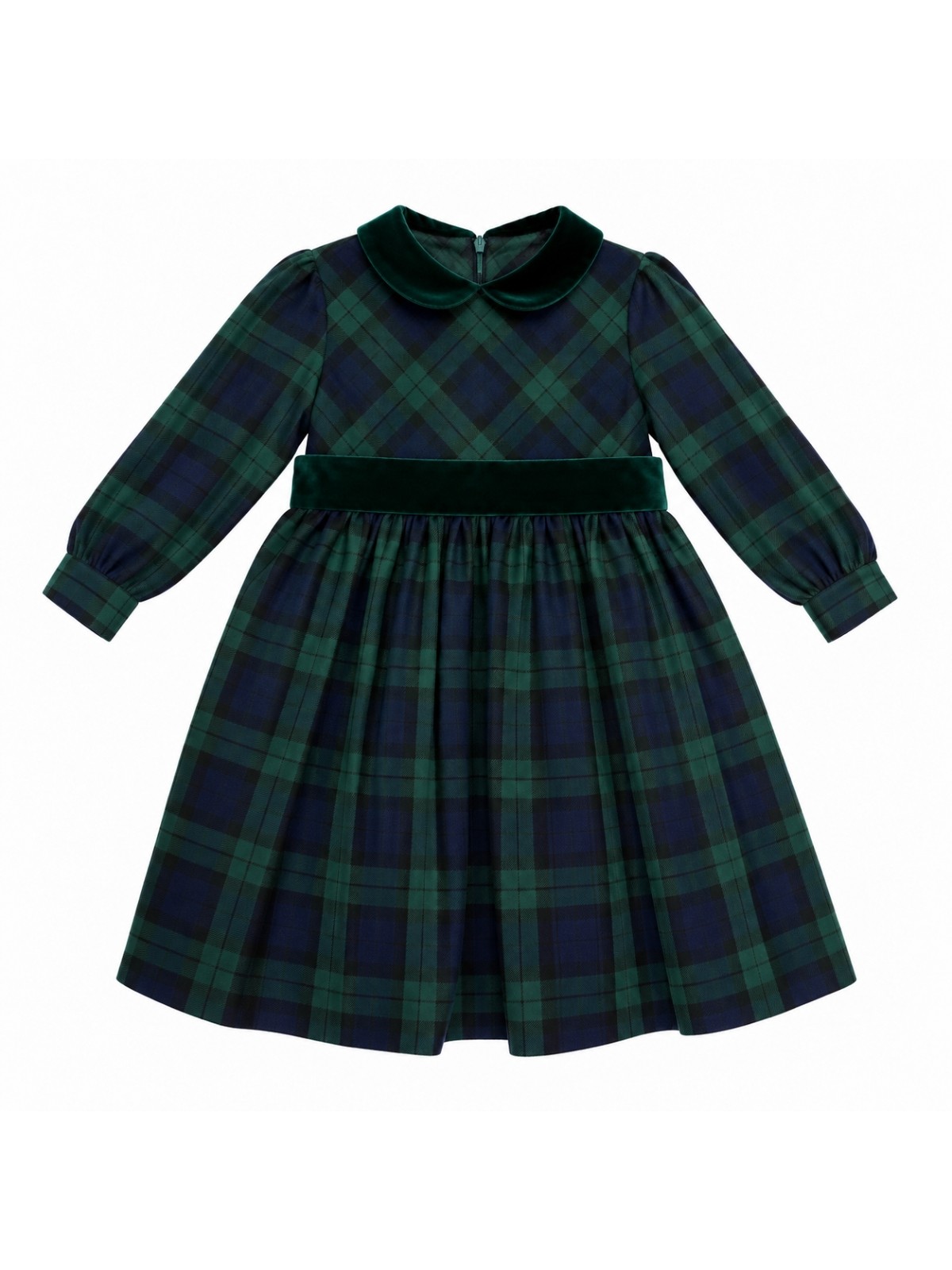 tartan dress with velvet belt and collar and long sleeves