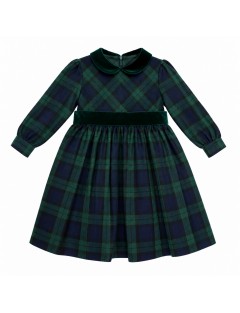 tartan dress with velvet belt and collar and long sleeves