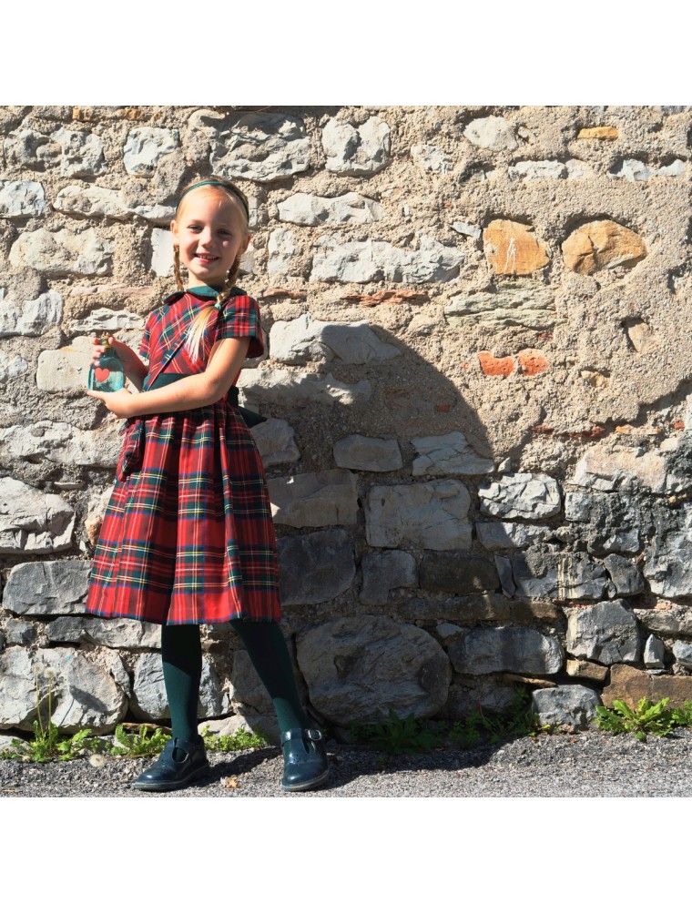 vestito in tartan con cintura e collo in velluto 